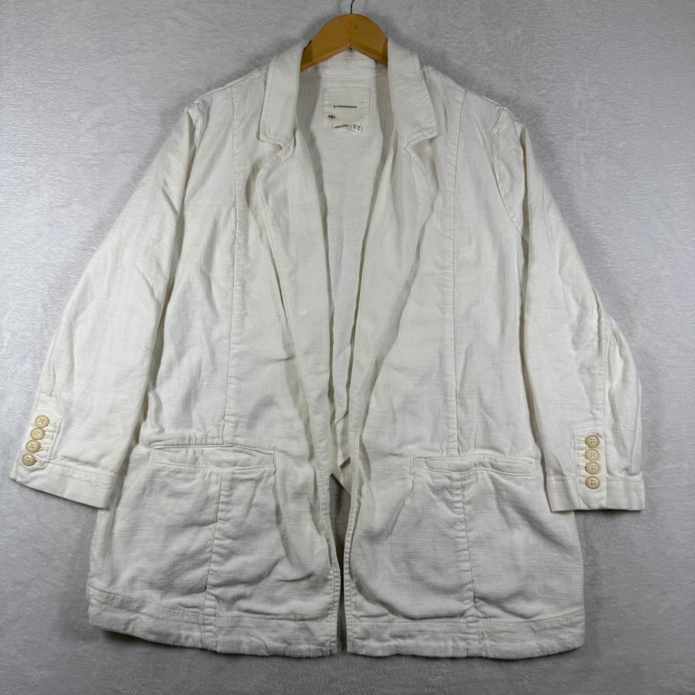 Anthropologie White Linen Blend Relaxed Open Front Blazer Jacket Size 12